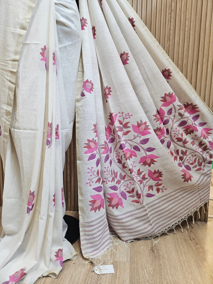 Off-White Handwoven Handspun Cotton Jamdani Saree with Multicolor Floral Motif Balaram Saha