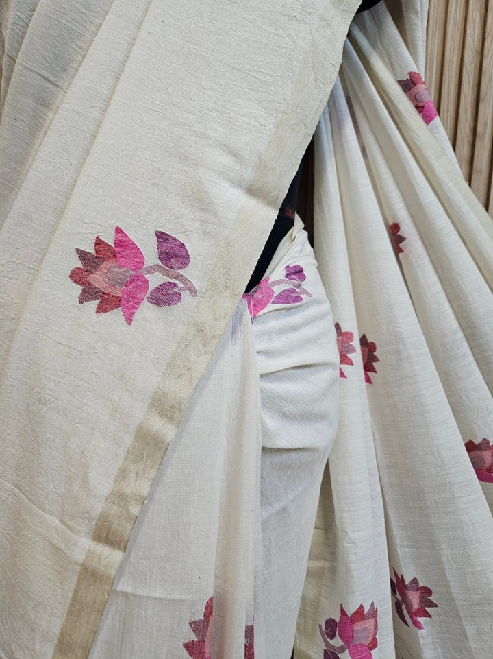 Off-White Handwoven Handspun Cotton Jamdani Saree with Multicolor Floral Motif Balaram Saha