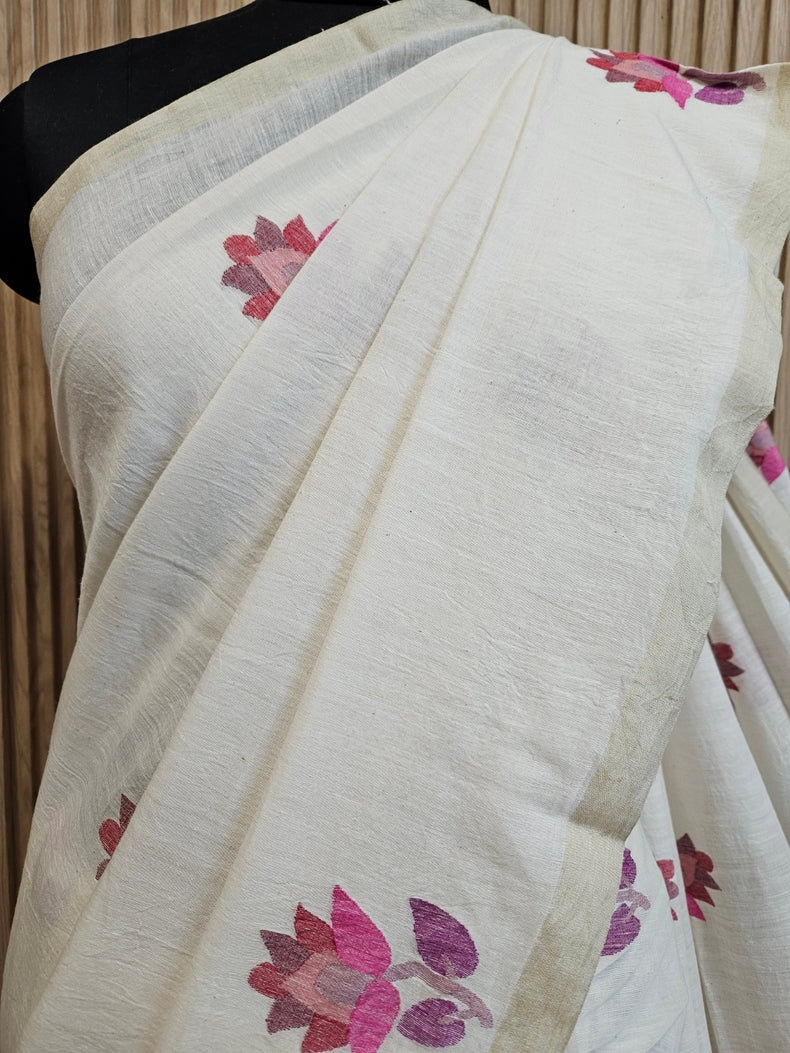 Off-White Handwoven Handspun Cotton Jamdani Saree with Multicolor Floral Motif Balaram Saha