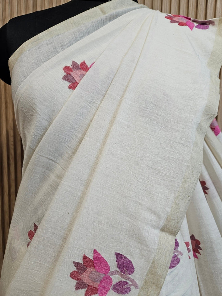 Off-White Handwoven Handspun Cotton Jamdani Saree with Multicolor Floral Motif Balaram Saha