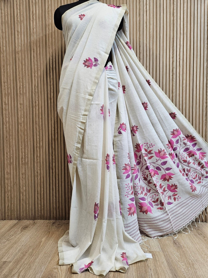 Off-White Handwoven Handspun Cotton Jamdani Saree with Multicolor Floral Motif Balaram Saha