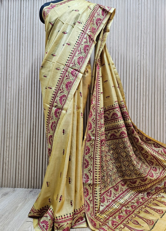 Balaram Saha's Mustard & Maroon tussar Silk Kantha Stitch Saree