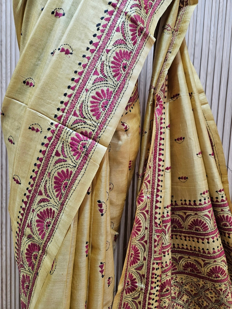 Balaram Saha's Mustard & Maroon tussar Silk Kantha Stitch Saree