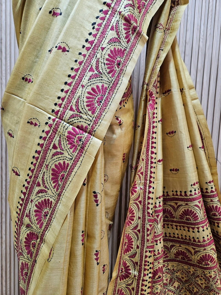 Balaram Saha's Mustard & Maroon tussar Silk Kantha Stitch Saree