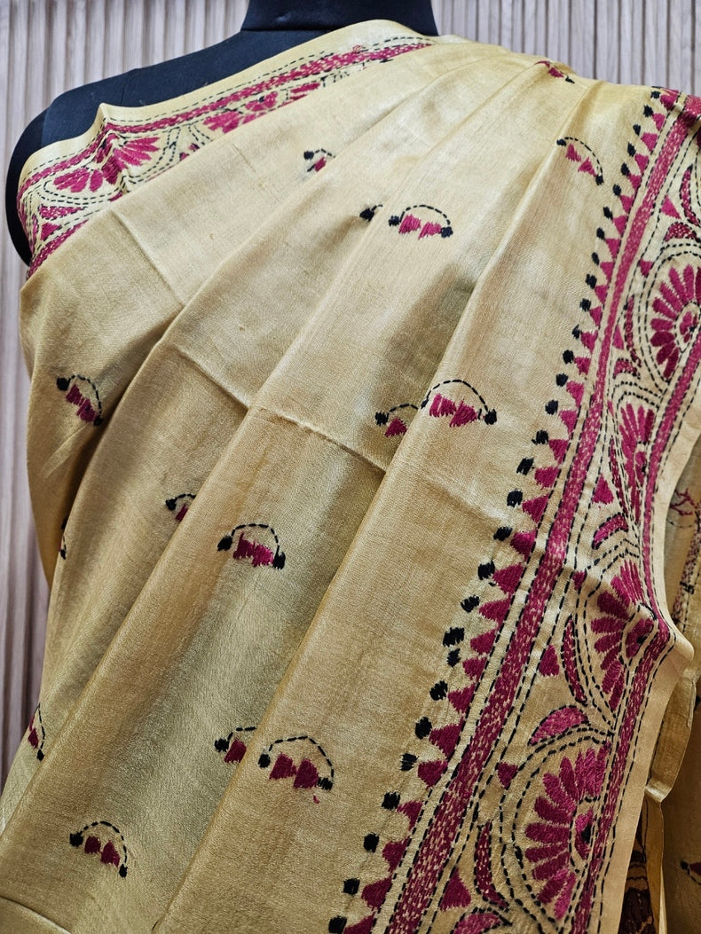 Balaram Saha's Mustard & Maroon tussar Silk Kantha Stitch Saree