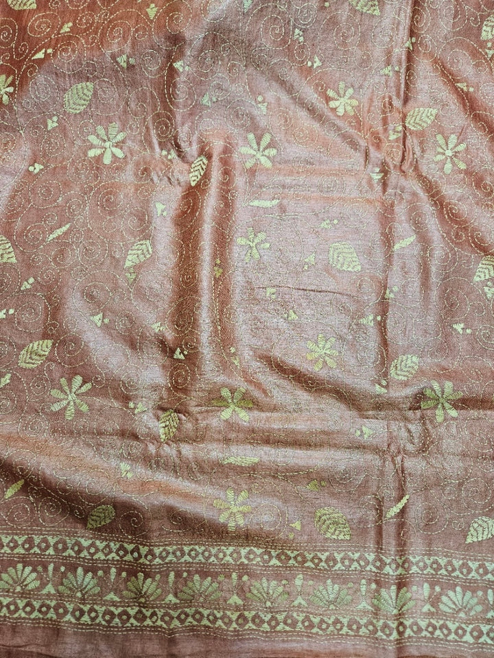 Masterpiece of Artistry: Biege & Rust Tussar Silk Kantha Stitch Saree Balaram Saha