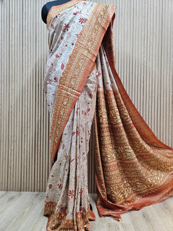 Masterpiece of Artistry: Biege & Rust Tussar Silk Kantha Stitch Saree Balaram Saha