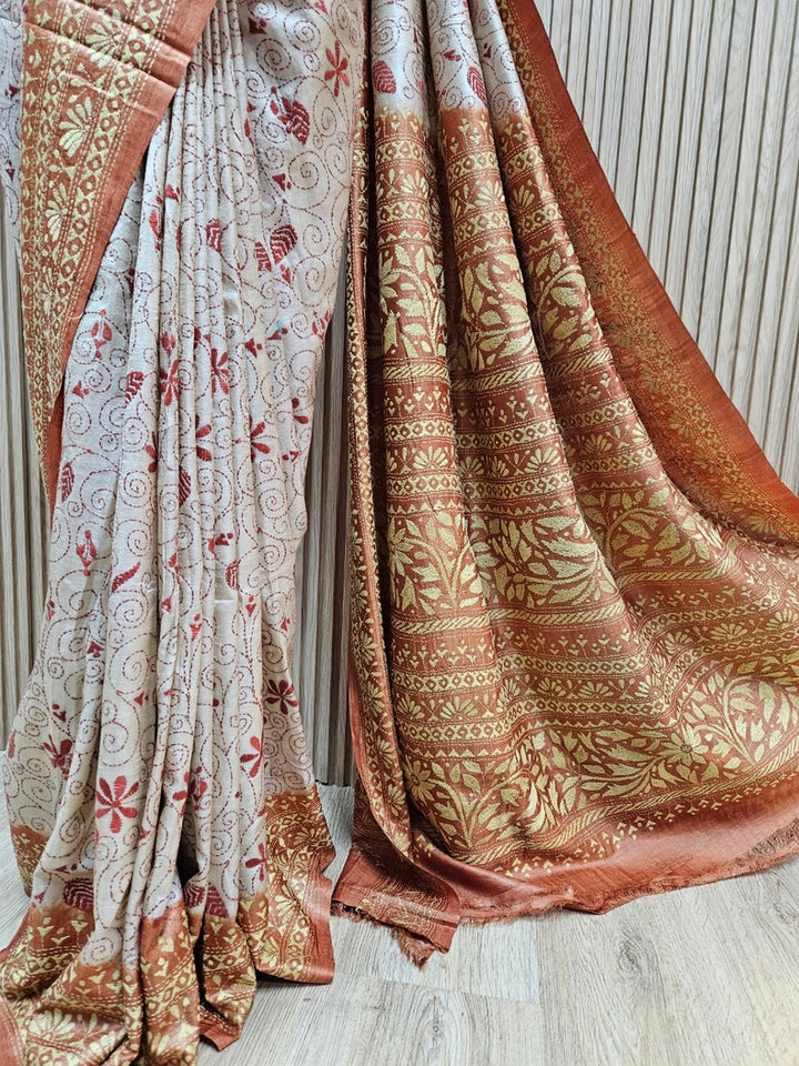 Masterpiece of Artistry: Biege & Rust Tussar Silk Kantha Stitch Saree Balaram Saha