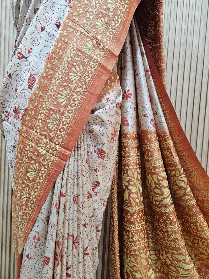 Masterpiece of Artistry: Biege & Rust Tussar Silk Kantha Stitch Saree Balaram Saha
