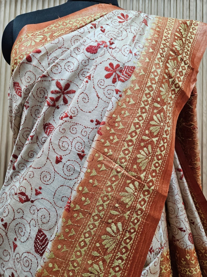 Masterpiece of Artistry: Biege & Rust Tussar Silk Kantha Stitch Saree Balaram Saha