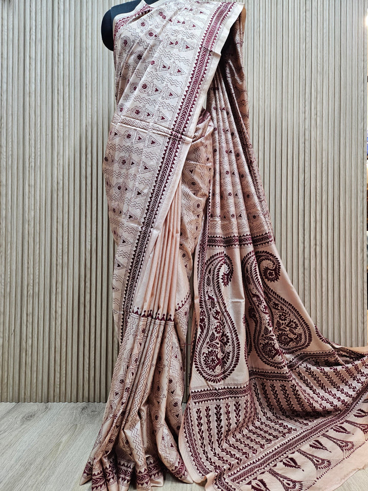 Balaram Saha's Biege &amp; Maroon Tussar Silk Kantha Stitch Saree Balaram Saha