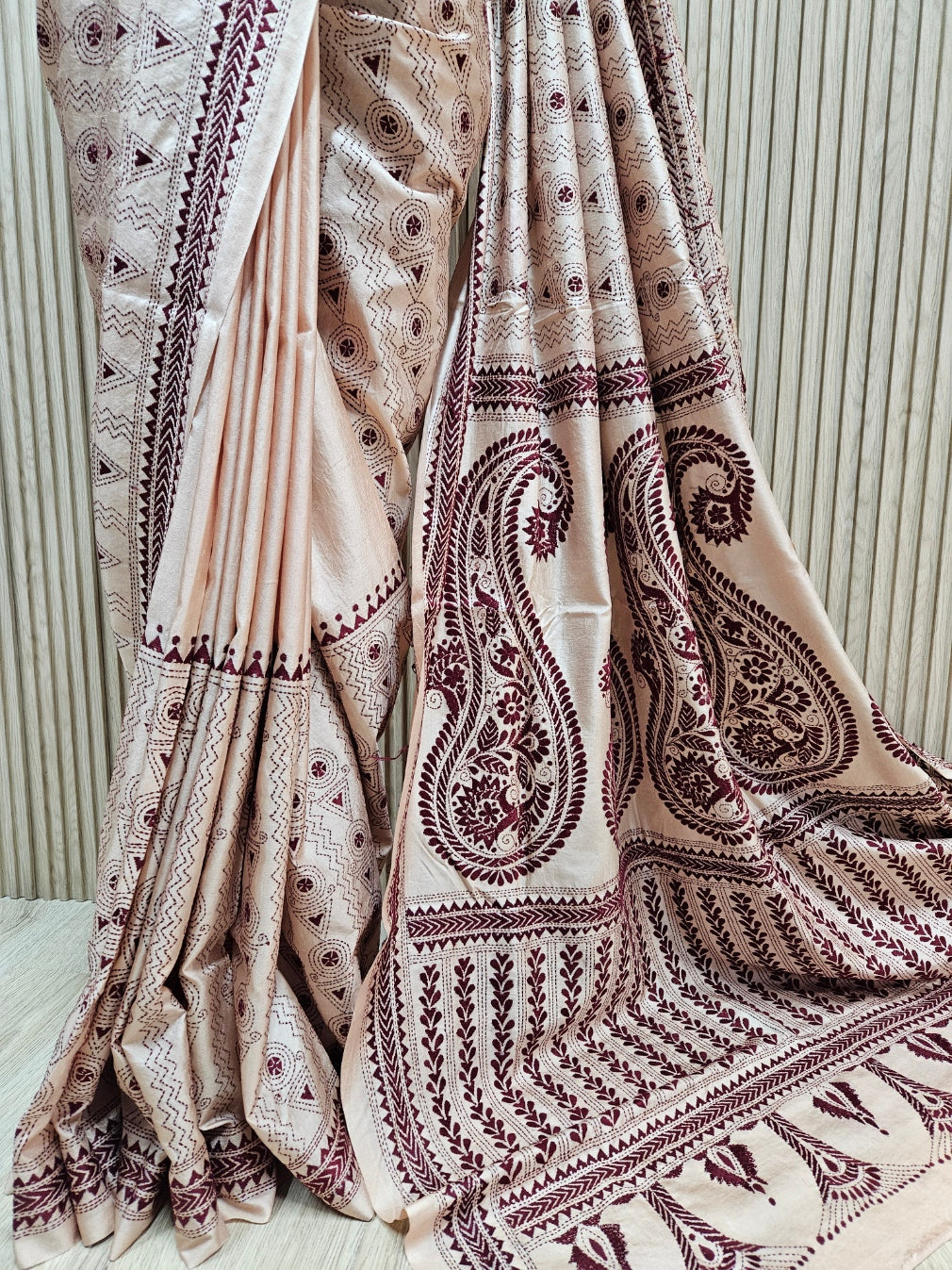 Balaram Saha's Biege &amp; Maroon Tussar Silk Kantha Stitch Saree Balaram Saha