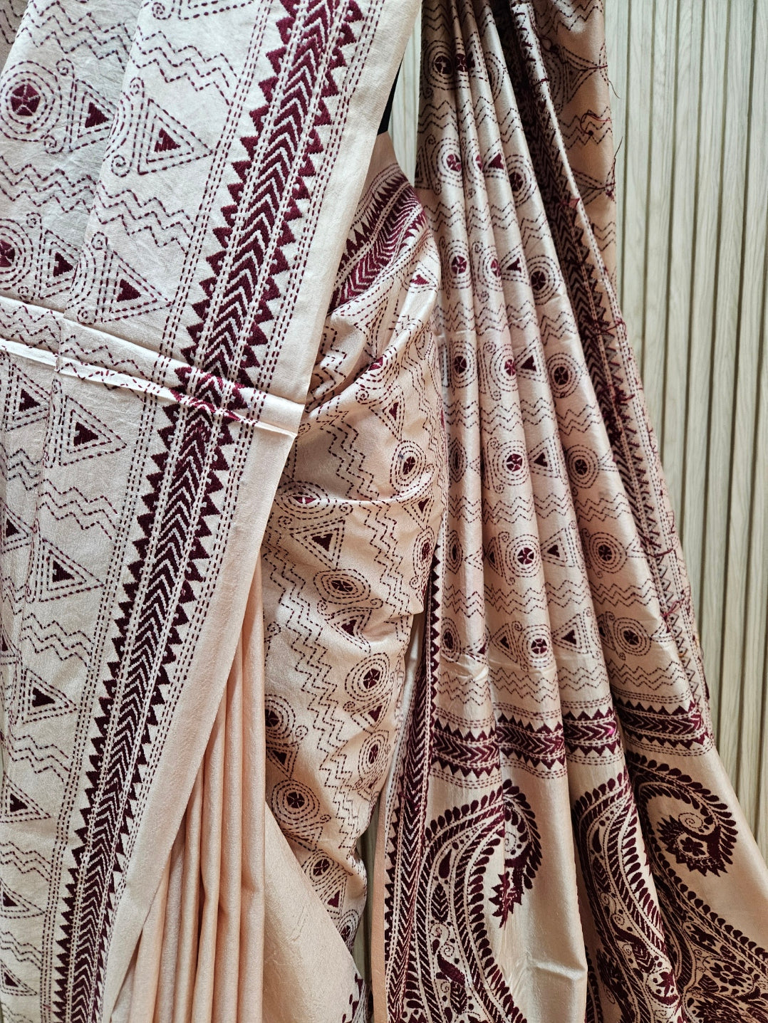 Balaram Saha's Biege &amp; Maroon Tussar Silk Kantha Stitch Saree Balaram Saha