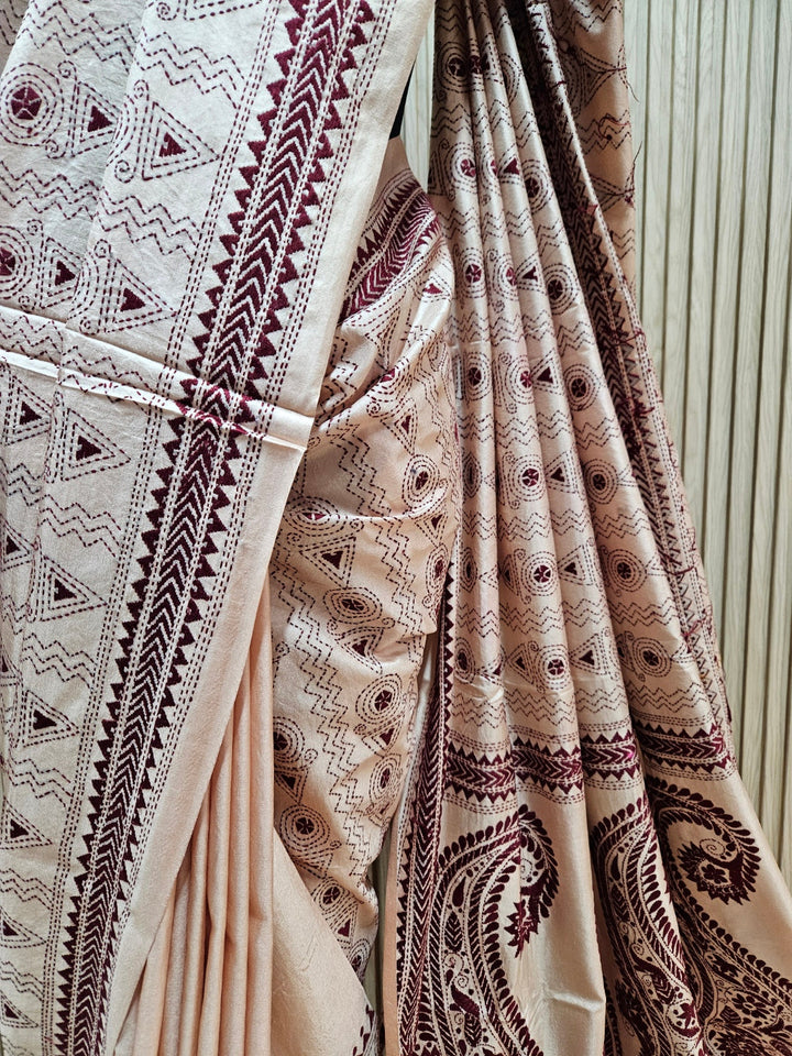 Balaram Saha's Biege &amp; Maroon Tussar Silk Kantha Stitch Saree Balaram Saha