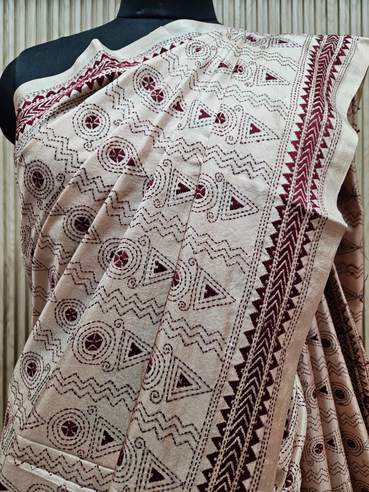 Balaram Saha's Biege &amp; Maroon Tussar Silk Kantha Stitch Saree Balaram Saha