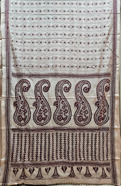 Balaram Saha Presents: Brown & Red Handloom Hand Embroidered Tussar Silk Saree for Timeless Grace Balaram Saha
