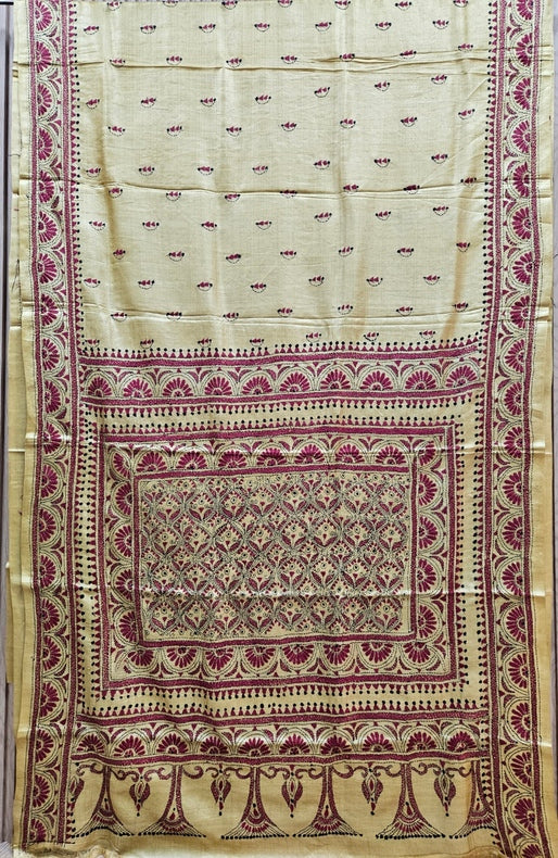 Balaram Saha's Mustard & Maroon tussar Silk Kantha Stitch Saree Balaram Saha
