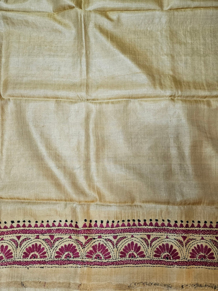 Balaram Saha's Mustard & Maroon tussar Silk Kantha Stitch Saree Balaram Saha