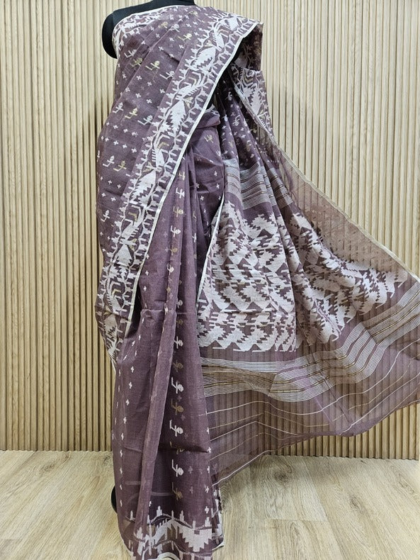 Maroon & Orange cotton handwoven Bangladeshi Jamdani saree Balaram Saha