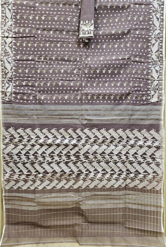 Maroon & Orange cotton handwoven Bangladeshi Jamdani saree Balaram Saha