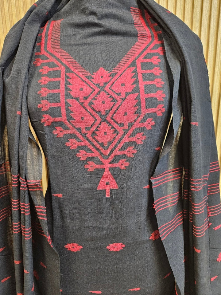 Black & Red Handwoven Cotton Jamdani 3-piece Kurta Set Balaram Saha