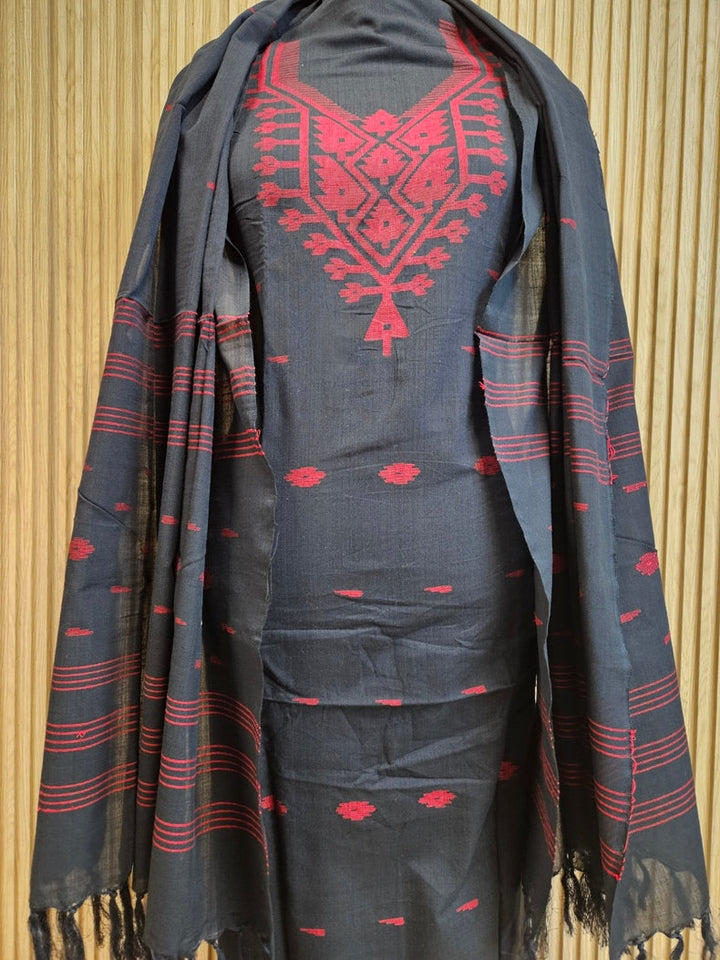 Black & Red Handwoven Cotton Jamdani 3-piece Kurta Set Balaram Saha