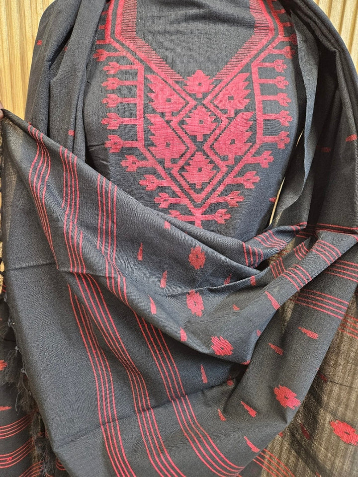 Black & Red Handwoven Cotton Jamdani 3-piece Kurta Set Balaram Saha