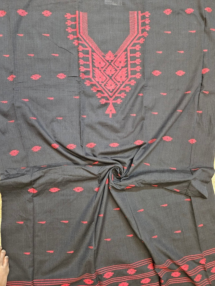 Black & Red Handwoven Cotton Jamdani 3-piece Kurta Set Balaram Saha