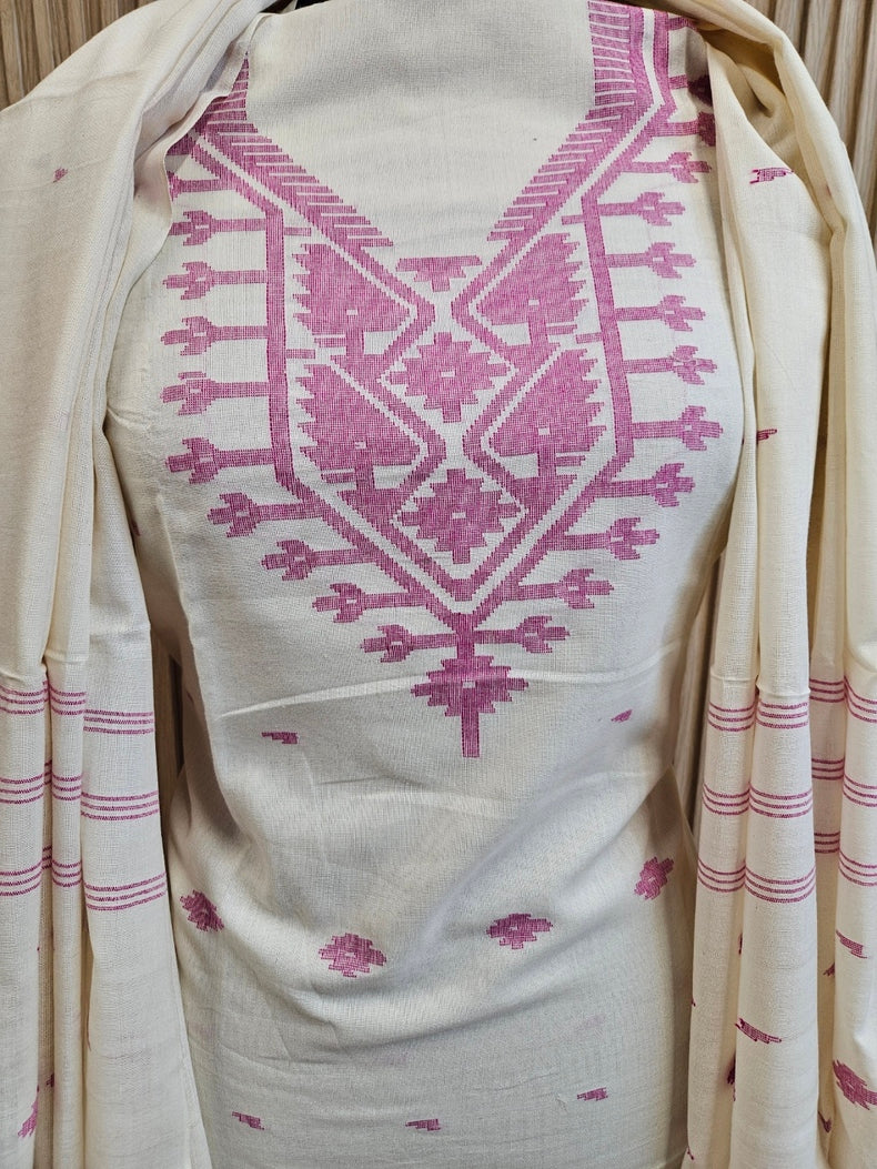 White & Purple Handwoven Cotton Jamdani 3-piece Kurta Set Balaram Saha