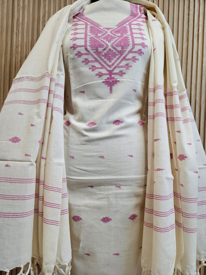 White & Purple Handwoven Cotton Jamdani 3-piece Kurta Set Balaram Saha