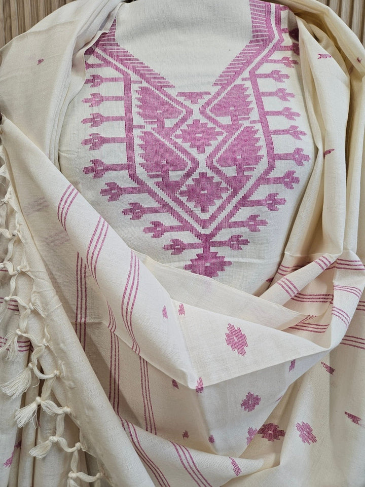 White & Purple Handwoven Cotton Jamdani 3-piece Kurta Set Balaram Saha