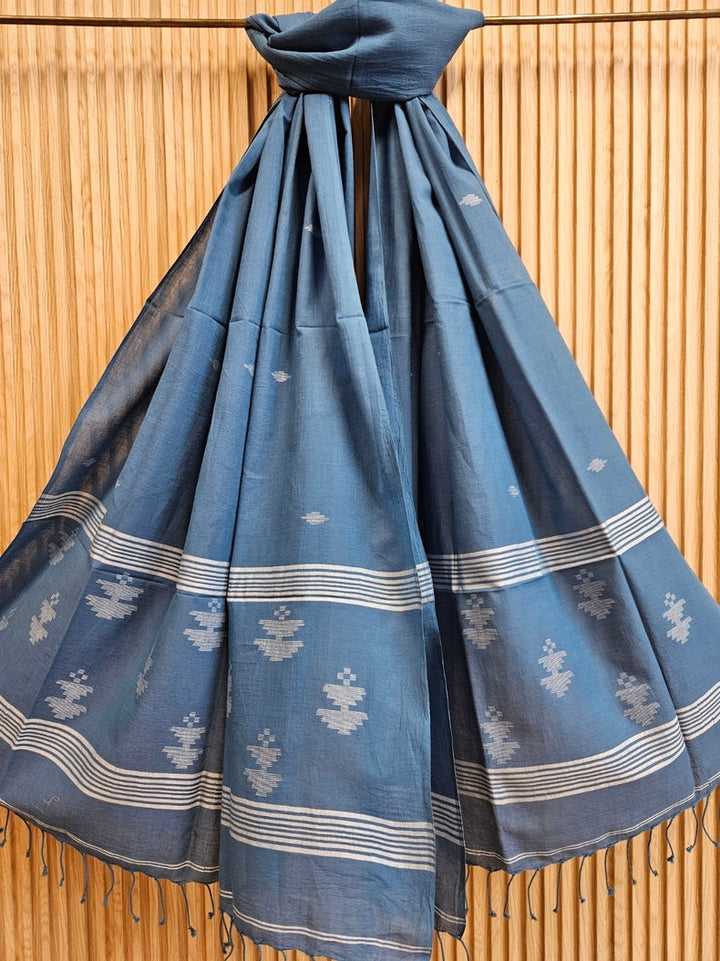 ;Blue & White Soft Handloom Cotton Jamdani Dupatta Balaram Saha