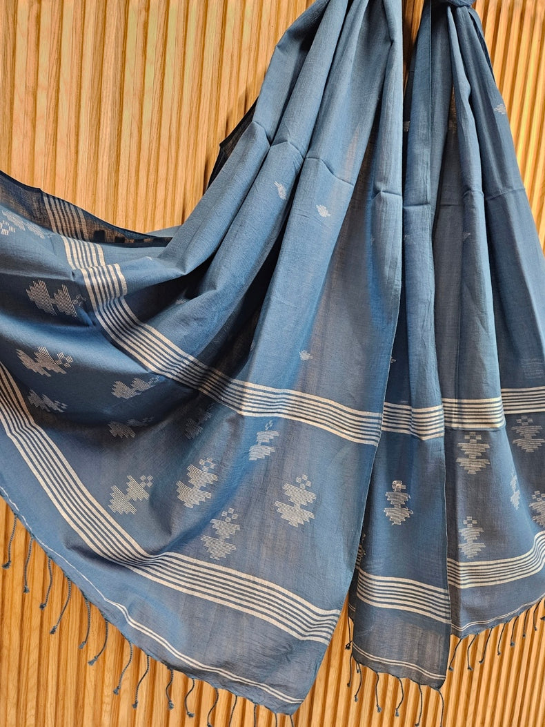 ;Blue & White Soft Handloom Cotton Jamdani Dupatta Balaram Saha
