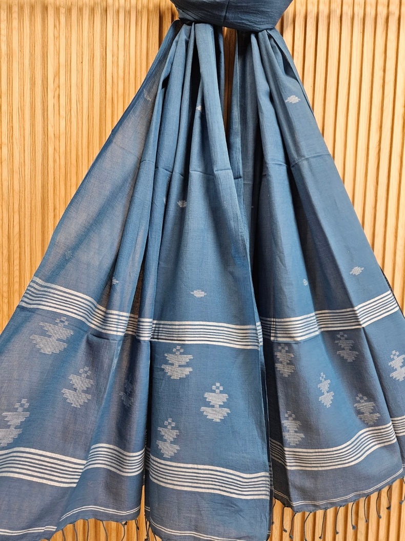 ;Blue & White Soft Handloom Cotton Jamdani Dupatta Balaram Saha
