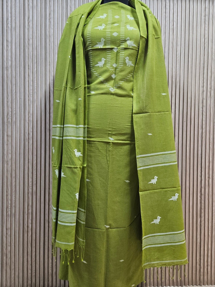 Olive Green & White handwoven cotton Jamdani 2 Piece Kurta Sets Balaram Saha