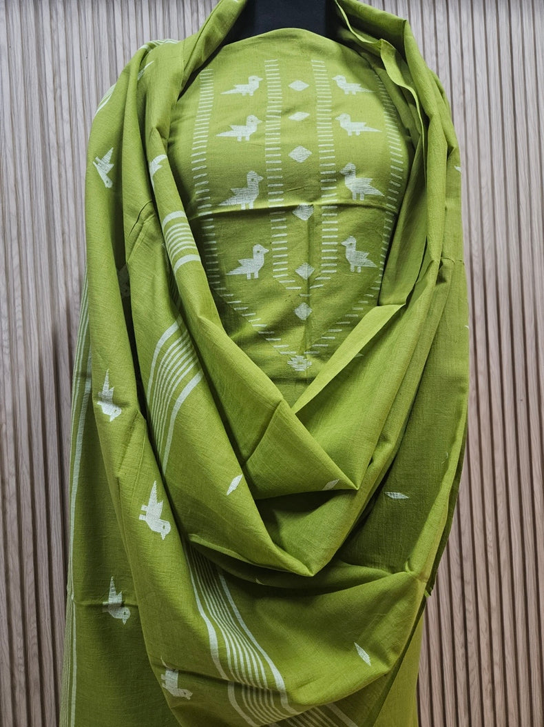 Olive Green & White handwoven cotton Jamdani 2 Piece Kurta Sets Balaram Saha