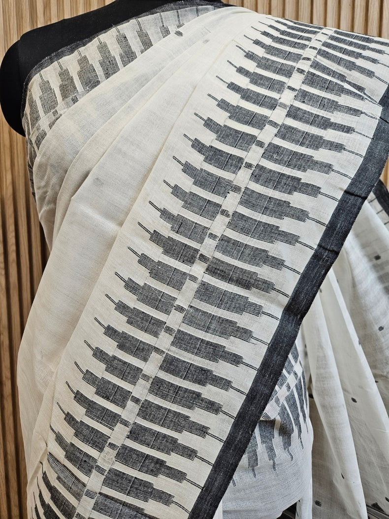 Handwoven Haven: White & Black Handloom Handwoven Cotton Jamdani Saree Balaram Saha