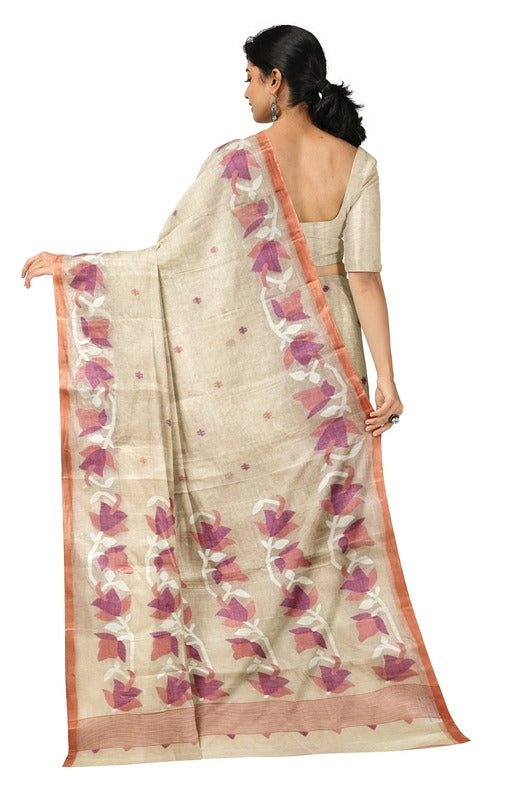 Beige & Peach Handwoven Traditional Cotton Jamdani Saree Balaram Saha