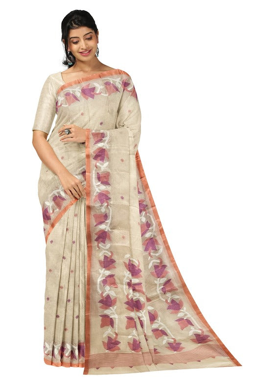 Beige & Peach Handwoven Traditional Cotton Jamdani Saree Balaram Saha