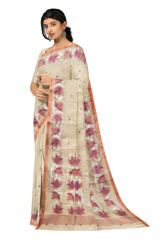 Beige & Peach Handwoven Traditional Cotton Jamdani Saree Balaram Saha