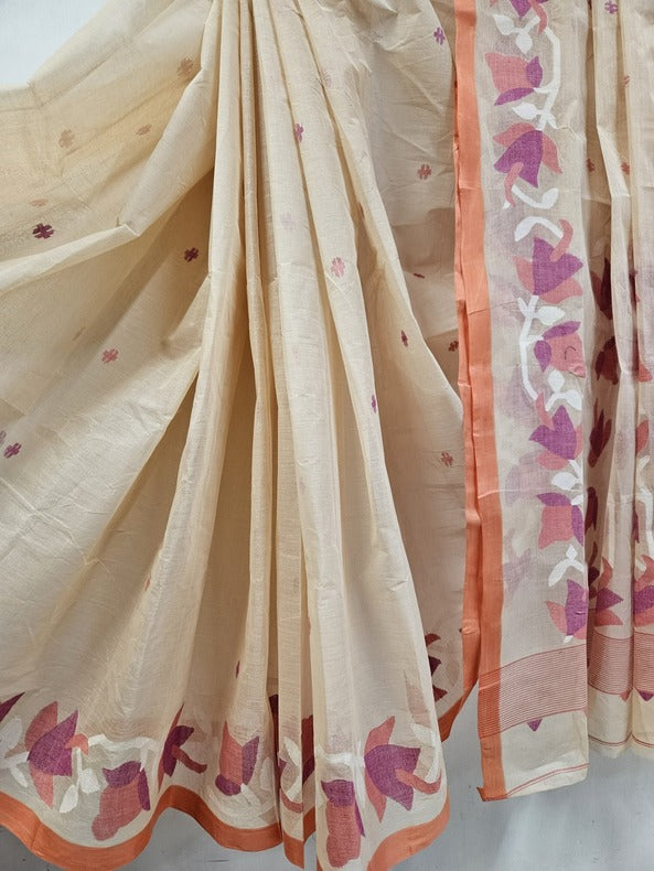 Beige & Peach Handwoven Traditional Cotton Jamdani Saree Balaram Saha