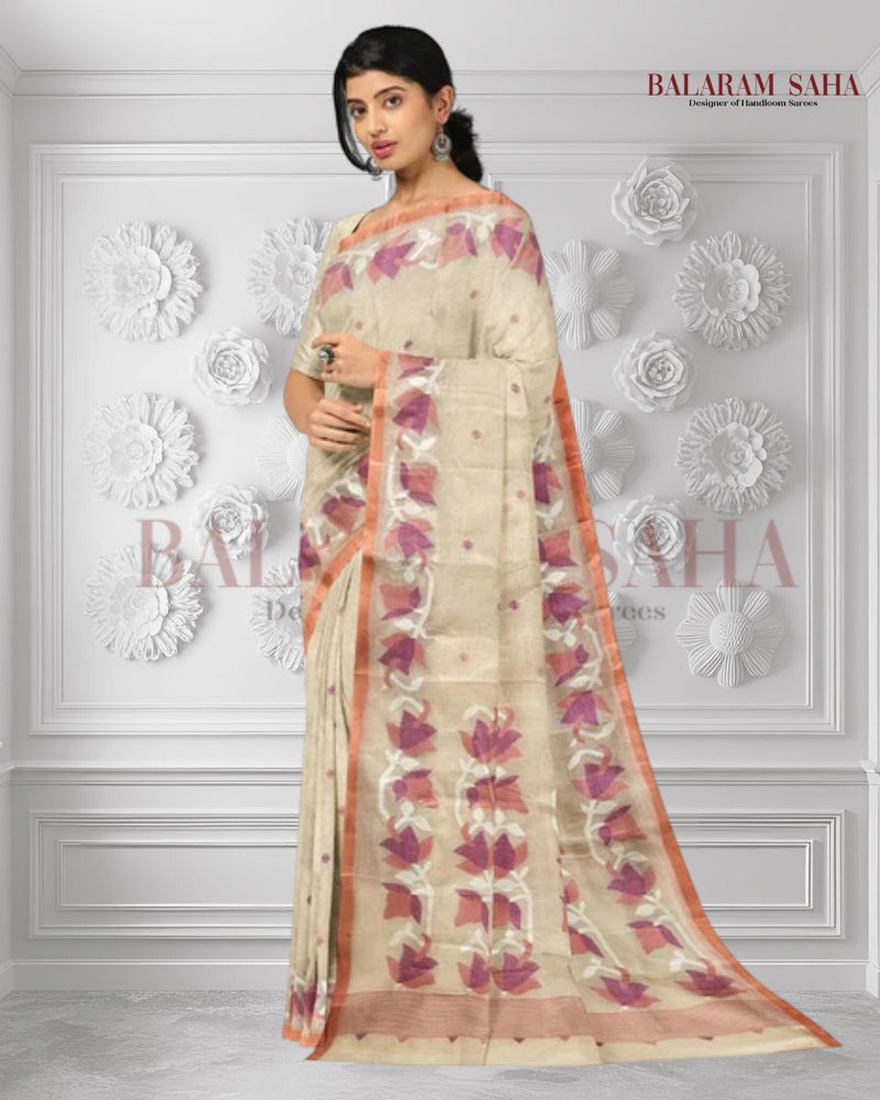 Beige & Peach Handwoven Traditional Cotton Jamdani Saree Balaram Saha
