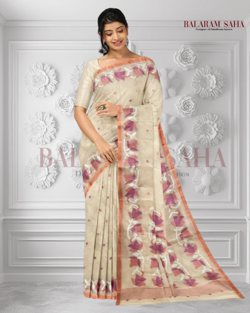 Beige & Peach Handwoven Traditional Cotton Jamdani Saree Balaram Saha