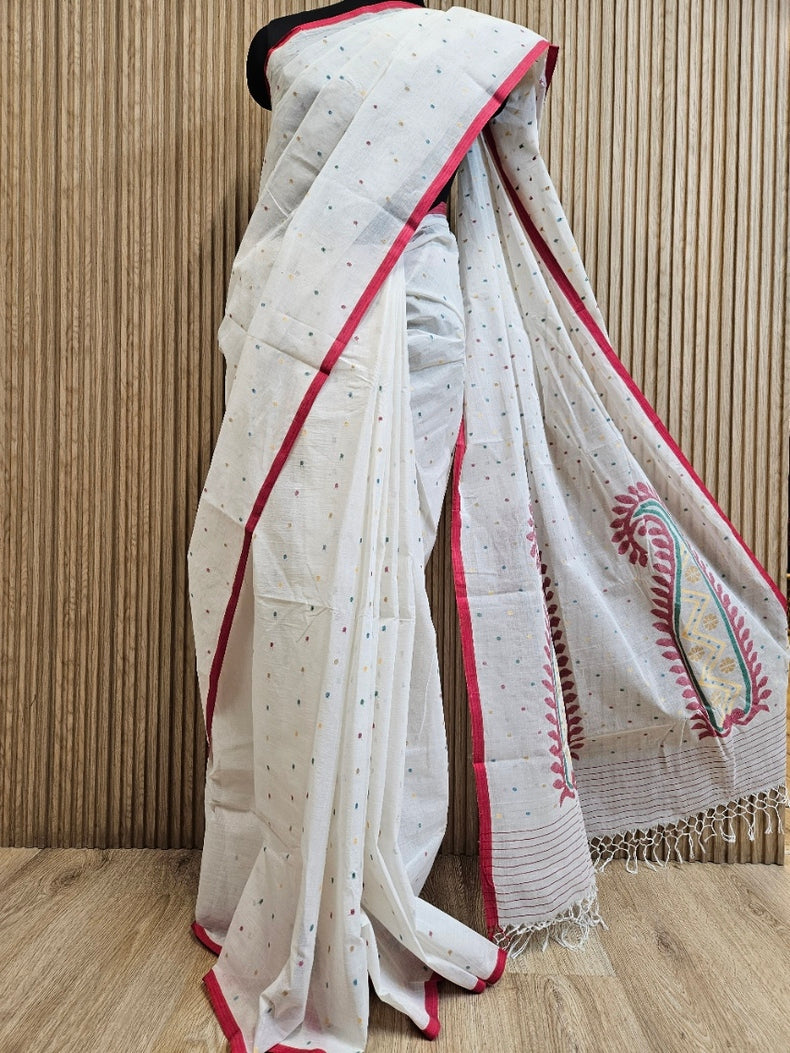 Off-White & Multi Handwoven Traditional Cotton Jamdani Saree Balaram Saha