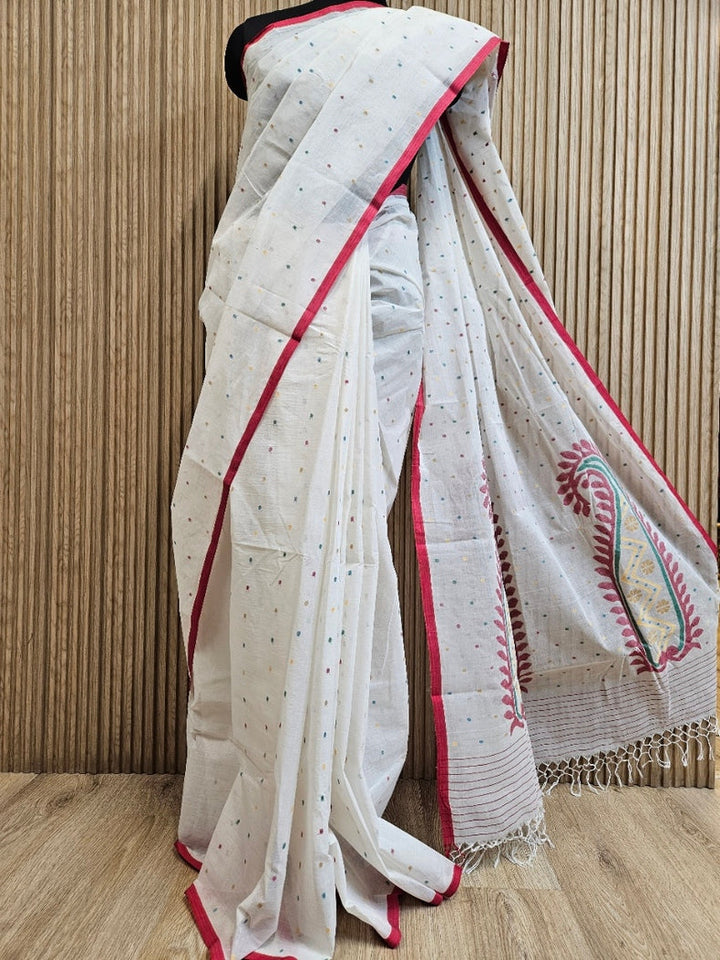 Off-White & Multi Handwoven Traditional Cotton Jamdani Saree Balaram Saha