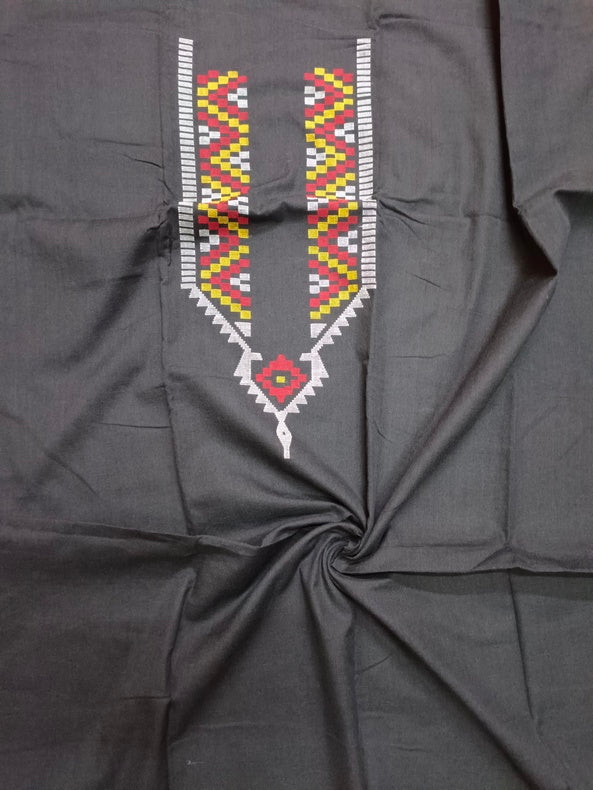 Black & Multicolor Handwoven Cotton Jamdani Unisex Kurta Piece Balaram Saha