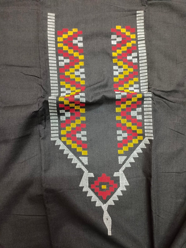 Black & Multicolor Handwoven Cotton Jamdani Unisex Kurta Piece Balaram Saha