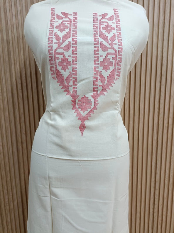 Off-White & Red Handwoven Cotton Jamdani Unisex Kurta Piece Balaram Saha