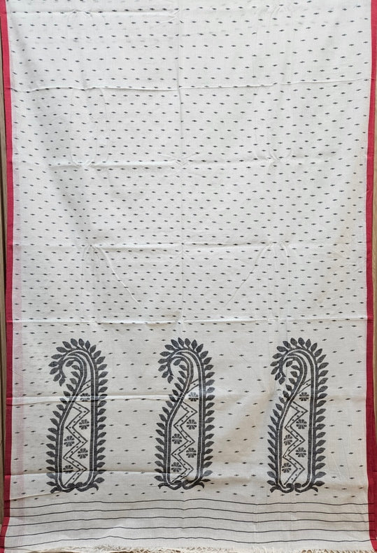 Stunning Off-White & Black Handwoven Cotton Jamdani Saree Balaram Saha