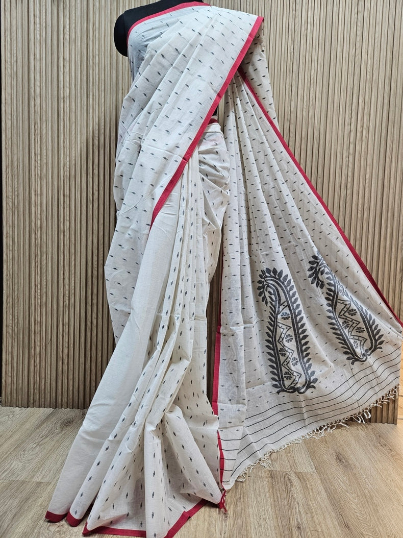 Stunning Off-White & Black Handwoven Cotton Jamdani Saree Balaram Saha